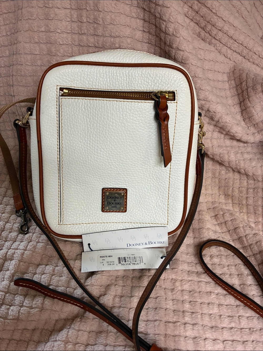 Dooney & Bourke White Pebble Leather Crossbody with Brown Trim and Gold Hardware